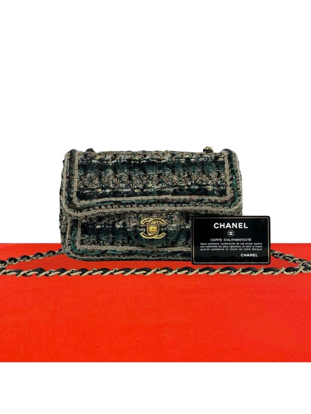 Chanel CC Logo Tweed Leather Chain Shoulder Bag Multicolor